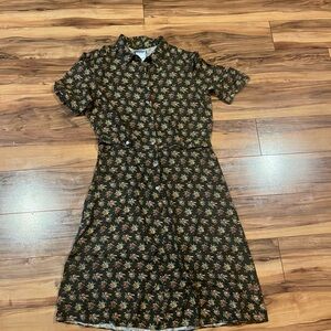 100% Silk Laura Ashley Vintage Green Floral British Style Shirtdress Dress